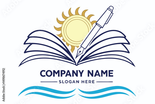 Creative Book Writing and Publication Logo Template with Sun, Pen and Sea Waves for Company Branding Design.