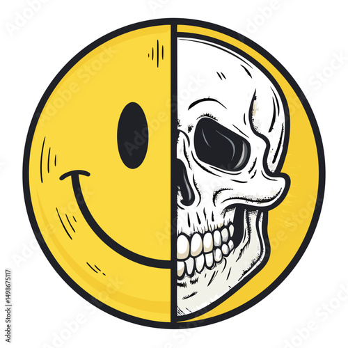 A cheerful pastel smiley face dramatically splits open, revealing a grinning skull beneath.  Surreal, contrasting textures.