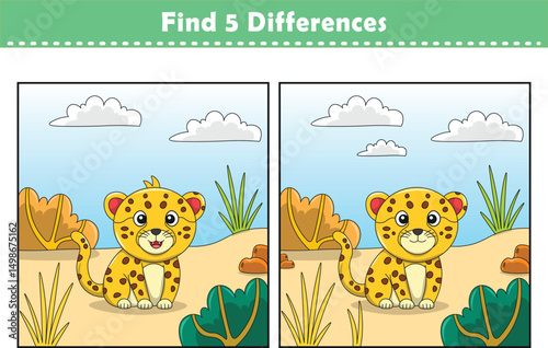 Funny cartoon cheetah. Find 5 differences. Kids Education games. Cartoon vector illustration
