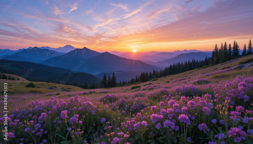 Fototapeta premium Lavender field, mountain backdrop, sunny day, idyllic scenery, postcard use 