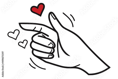 Hand gesture with finger hearts expresses love and affection, line art style, suitable for Valentine's Day and love-themed designs.