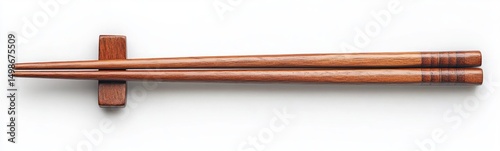 A pair of polished wooden chopsticks resting neatly on a matching wooden chopstick holder against a white background, conveying simplicity and elegance