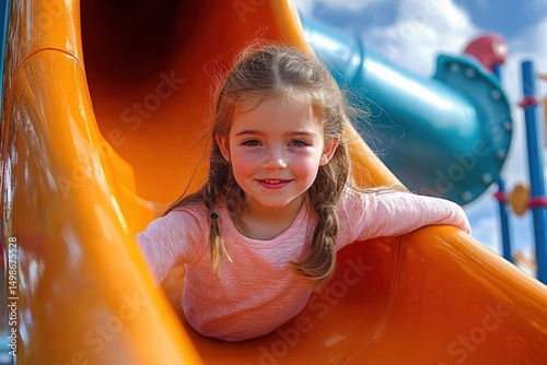 Smiling young girl with braided hair sliding down a bright orange playground slide under a blue sky