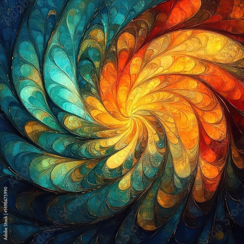 Abstract swirling pattern with vibrant blue, teal, yellow, orange, and red tones blending in a dynamic spiral motion creating a sense of energy and fluidity
