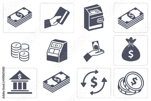 Financial Icons Set: Money, Bank, Credit Card, ATM, and Currency Exchange Graphic Elements.