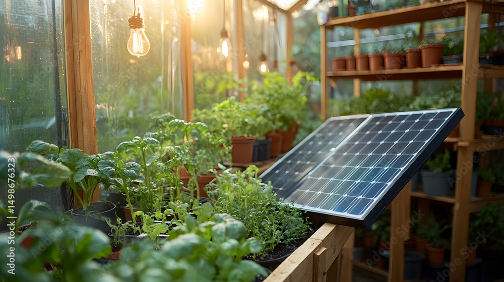 Fototapeta premium A step-by-step guide for using mini solar panels to power a small greenhouse, providing energy for fans, lights, and watering systems in a sustainable way.