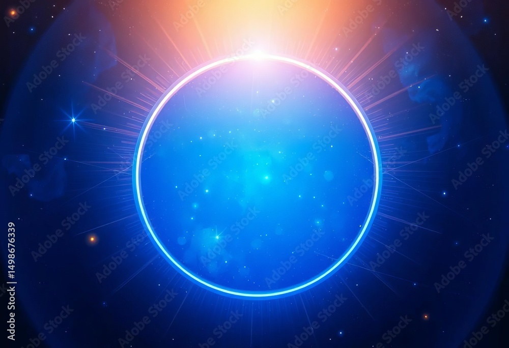 Obraz premium Blue circular light frame with overlapping gold ray motion, galaxy backdrop, luxury style, opulent, light frame