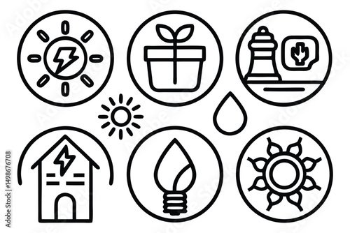 Set of line icons featuring ecology, energy, and environmental themes in a minimalist, modern style.