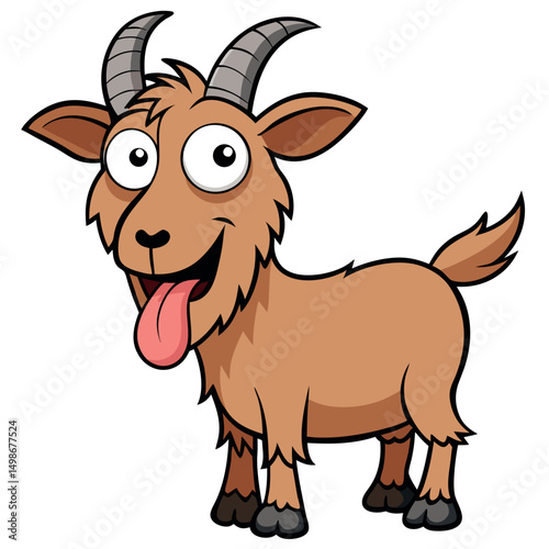 Playful brown cartoon goat with grey horns is sticking its tongue out against white