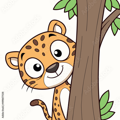 Playful cartoon cheetah smiles while peeking out from behind a large tree
