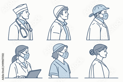 Set of Isolated Cartoon Portraits of Medical Staff Wearing Masks, Doctors and Nurses in Side View with Uniforms.