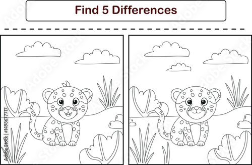 Funny cartoon cheetah. Find 5 differences. Kids Education games. Cartoon vector illustration