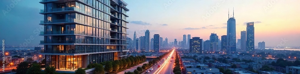 Obraz premium Modern condo office building with sleek glass facade and urban skyline backdrop Ideal for business, real estate, and architectural marketing , rooftop, property, elegance