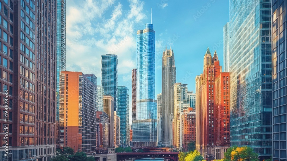 Fototapeta A stunning cityscape showcasing Chicago's architectural marvels under a vibrant sky