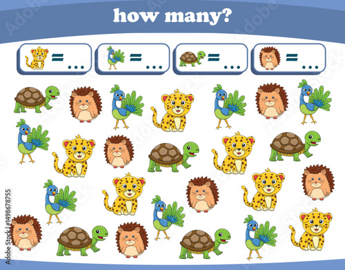 Counting game of wild animals for preschool kids. Printable. Vector Illustration