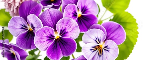 Close-up of several lilac pansies, isolated on white background, photography, isolated