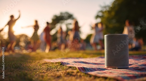 Portable speaker on grass with people dancing in the background  