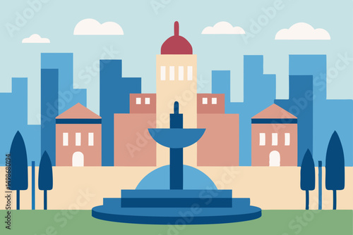 city plaza with a fountain surrounded
