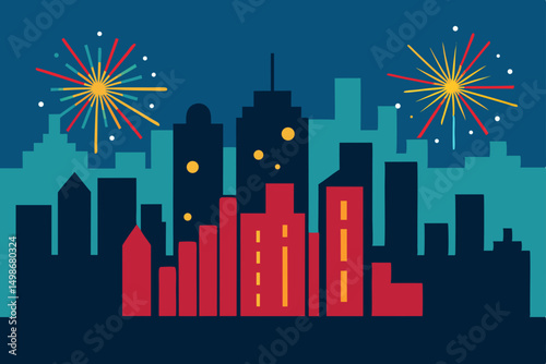 night city with fireworks
