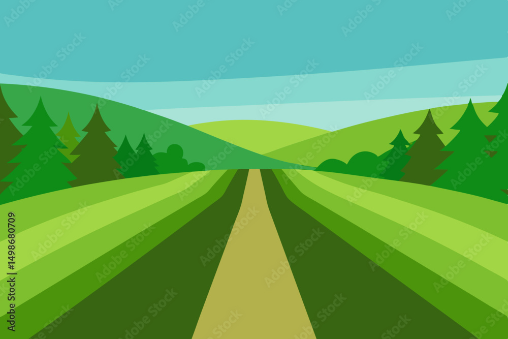 Obraz premium Rural mountain road winding through a green forest landscape with a summer sky