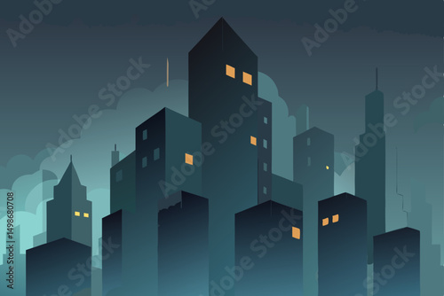 Night urban city vector illustration with building silhouettes and a starry sky