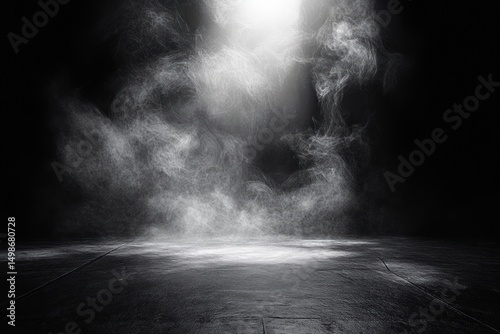 Dark empty concrete floor with spotlight creating misty smoke and fog effect in a dramatic atmosphere