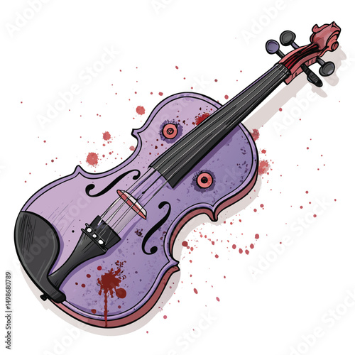 A whimsical pastel-colored violin featuring cartoon eyeballs peering from the f-holes, resting on a vibrant background.