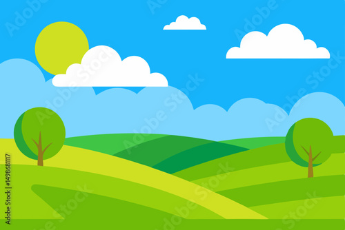 Beautiful summer landscape with green trees, grass, and sunny sky with clouds
