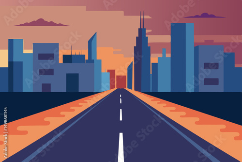 Urban highway leading into a bustling city skyline with modern architecture and night traffic