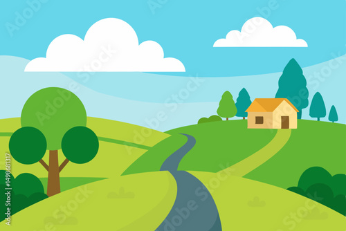 Rural summer landscape with green trees, blue sky, and white clouds over rolling hills and meadows
