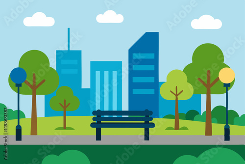Urban cityscape with green city park, trees, and sky, a summer nature ecology design illustration