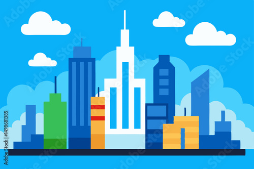 Urban skyline with city buildings and skyscrapers reaching the sky amid clouds, an architectural cityscape illustration
