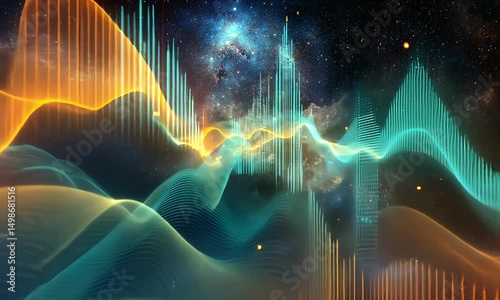A celestial abstract illustration featuring wave-like lines of blue, turquoise, and orange colors, superimposed over a starry space background