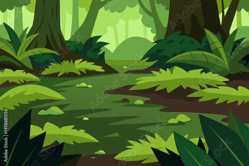 Lush tropical jungle plants with green leaves and palm trees in a vibrant summer forest landscape design