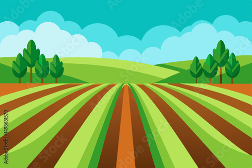 Vector illustration of a vibrant summer rural landscape with green hills, trees, and a winding road under a clear sky