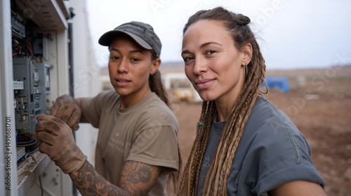 Two female astronauts working on electronic equipment outdoors on Mars with braided hair and tattoos in dusty environment.