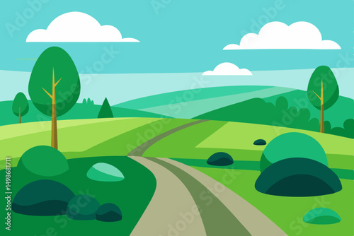 Summer landscape illustration of green trees and hills under a blue sky