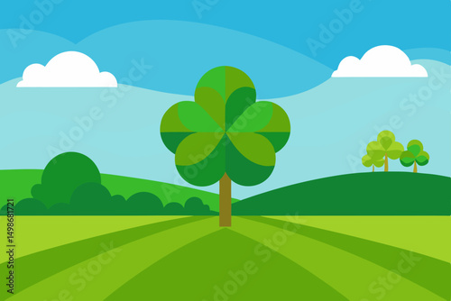 Green summer landscape with trees and rolling hills under a bright sky