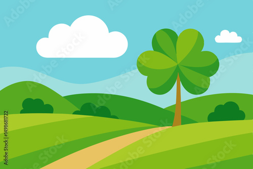 A bright summer day over a green rural landscape with trees, fields, and clouds
