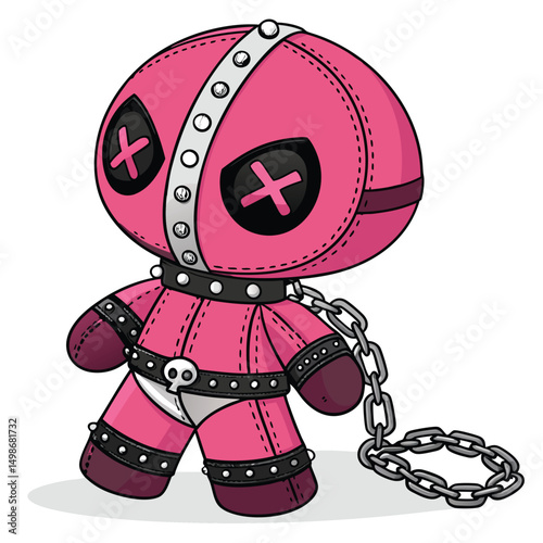 Render a cute, pink plush doll with X-shaped eyes and chains for arms.  Emphasis on soft textures and slightly unsettling contrast.