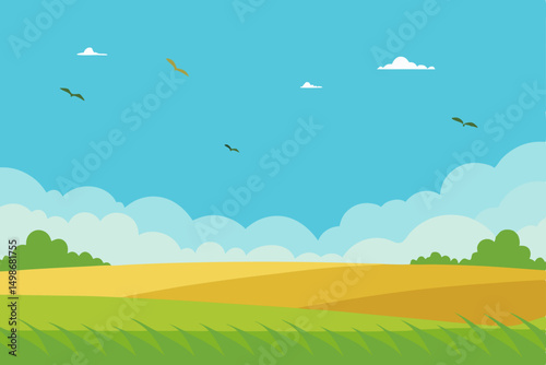 Green grass field with a blue sky and white clouds, a perfect summer nature landscape illustration