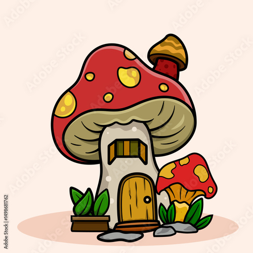 Cute kawaii Fairy Mushroom House cartoon of fantasy landscape with cute tale or game home for little inhabitants for coloring pages, tshirt and education
