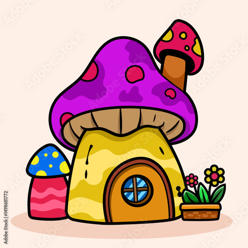 Cute kawaii Fairy Mushroom House cartoon of fantasy landscape with cute tale or game home for little inhabitants for coloring pages, tshirt and education