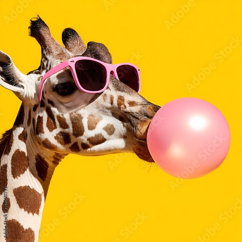 Giraffe Wearing Sunglasses Blows A Pink Bubblegum Bubble Against A Yellow Background, Whimsical Imagery, Playful Animal