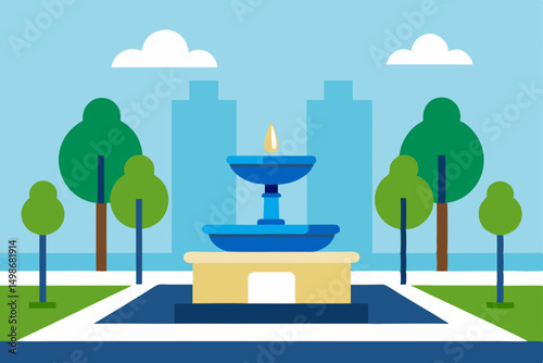 Urban vector illustration of a street lamp in a green park with a cityscape, trees, and sky