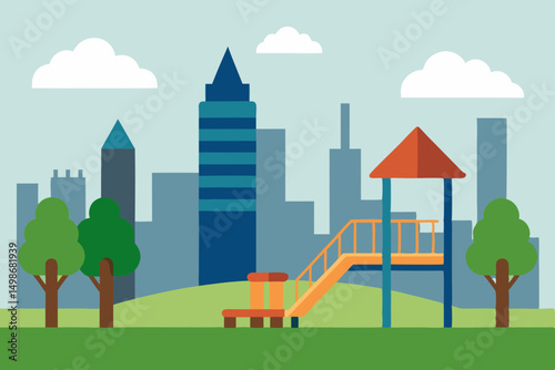 Urban city landscape vector illustration with road and green trees
