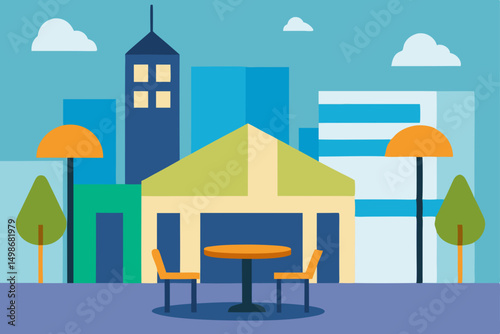 Vector illustration of a charming winter town with a cartoon house and a cozy street cafe in a snowy landscape