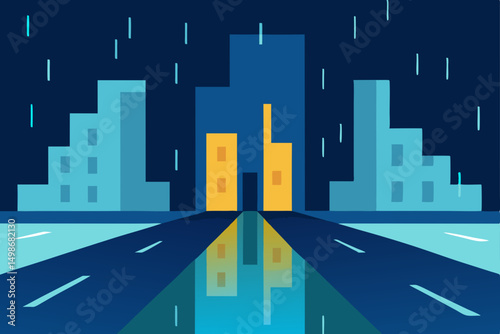 Night city road with urban architecture illustration and skyscraper skyline