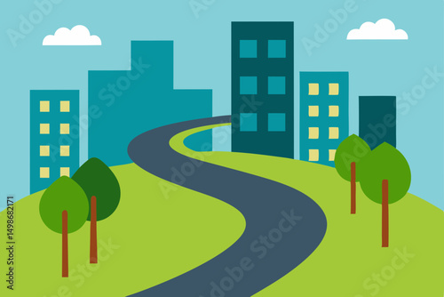 Urban city street with modern architecture and green trees in a vibrant town landscape illustration
