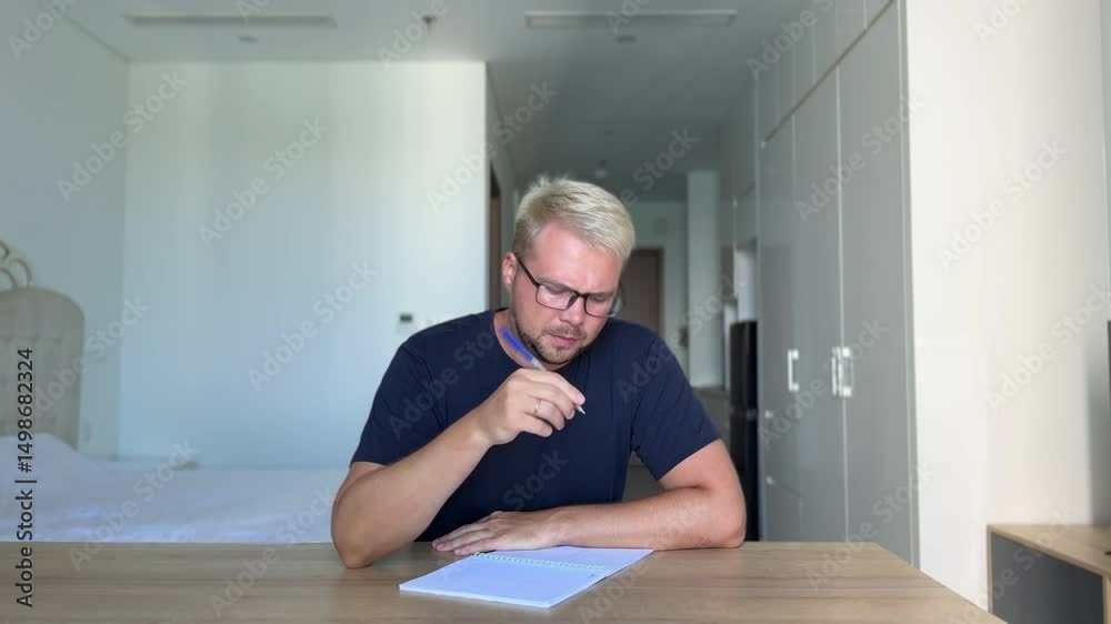 A young guy, dyed stylish blond in a blue t-shirt sits at a desk in a bright interior and writes in a notebook. He doesn't know what to write, the man thinks, crosses out and sighs. What to do?